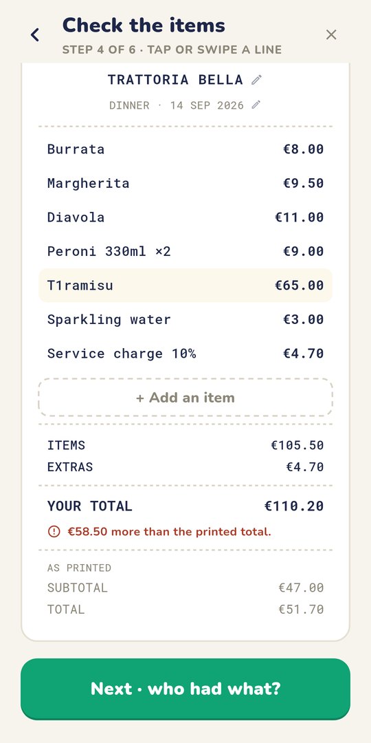 The line items read from the receipt, with a running total