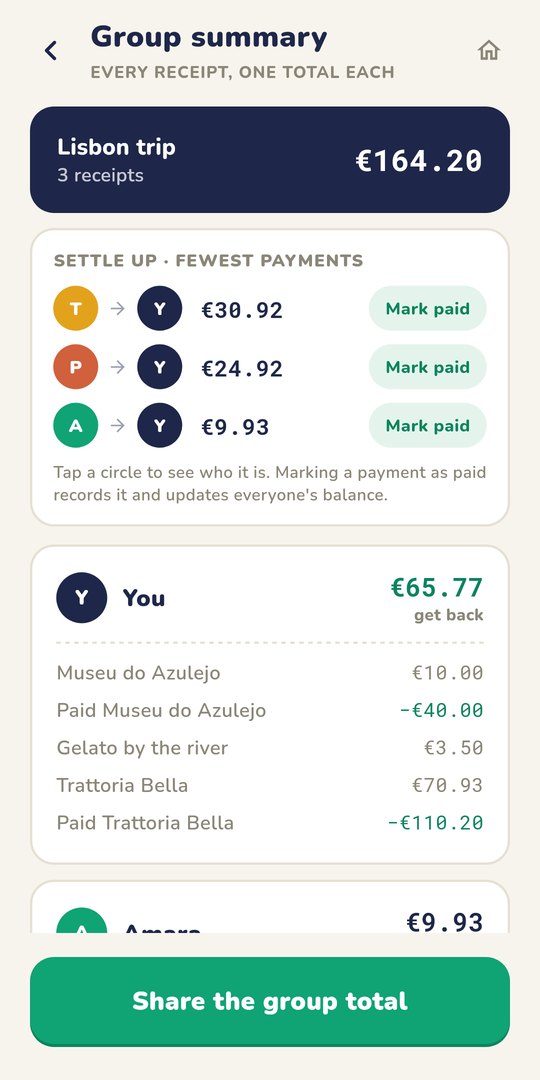 The group summary, showing who pays whom and how much
